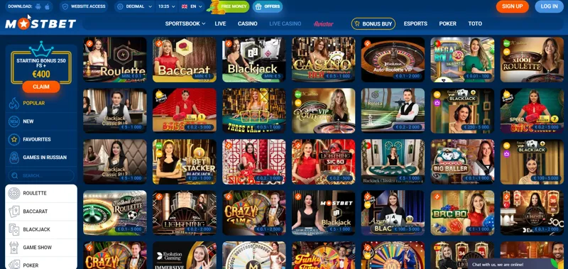 Variety of games in the MostBet live casino