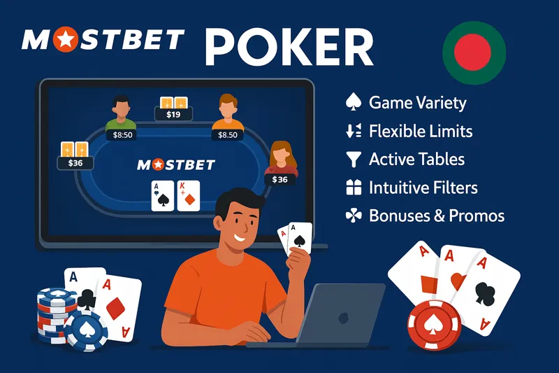 Illustration highlighting the key benefits of playing poker on Mostbet for Bangladeshi users.