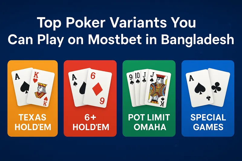 Visual representation of popular poker game variants available on Mostbet for players in Bangladesh, including Texas Hold'em and Omaha.