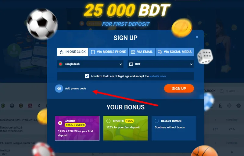 Enter the promo code in the registration form on MostBet