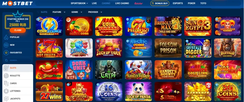 Variety of slots in the MostBet online casino