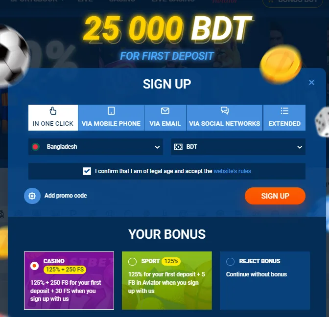 Registration options on MostBet website